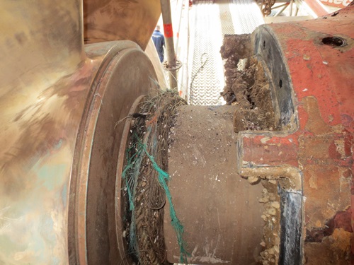 Typical netting and rope around rotating shaft damages aft seal