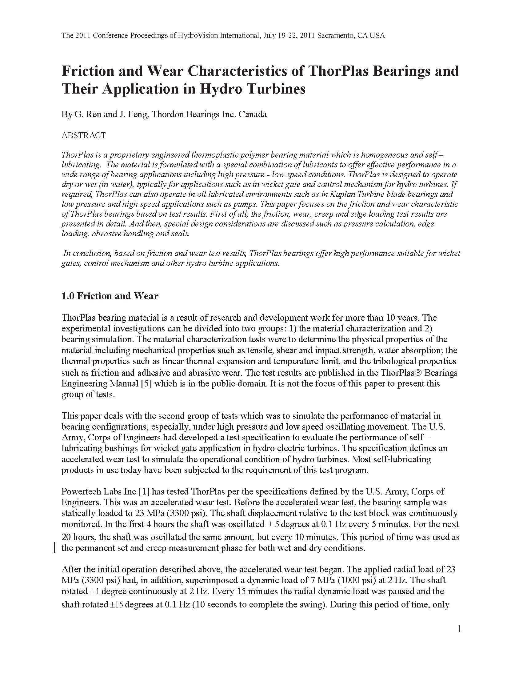 Friction and Wear Characterisitics of ThorPlas Bearings and their Applications in Hydro-turbines